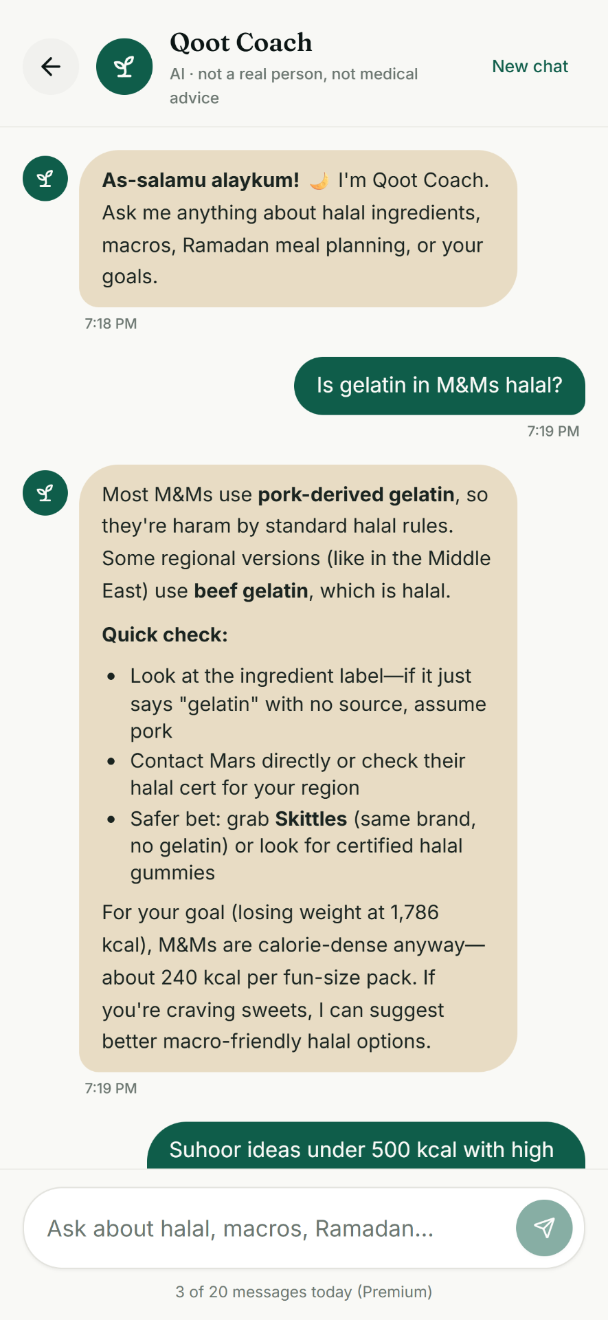 Qoot Coach answering a halal question