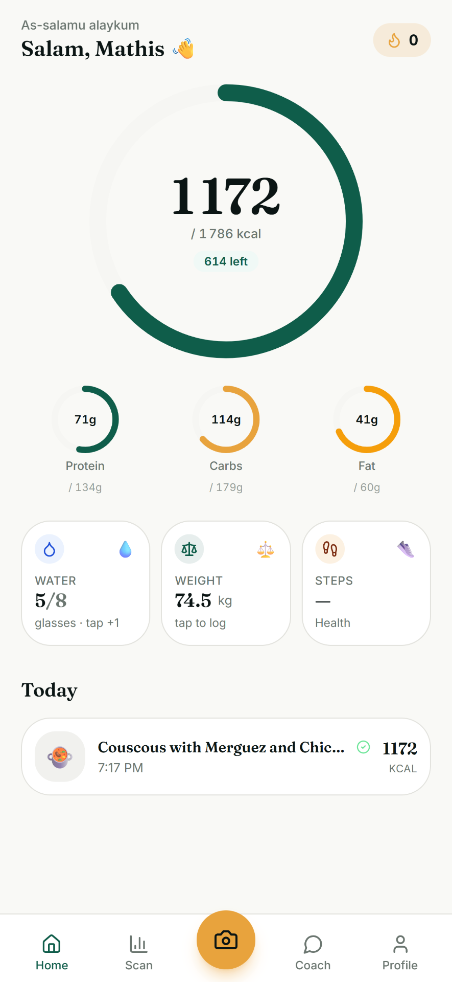 Qoot dashboard showing daily calories and macros