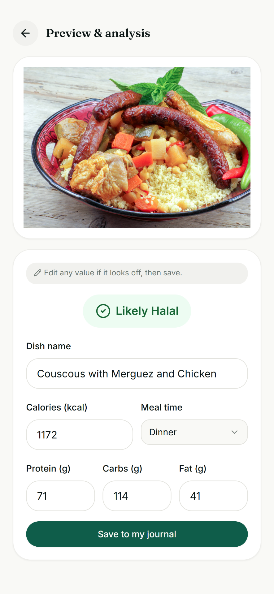 Qoot AI scan analyzing a couscous dish as Likely Halal